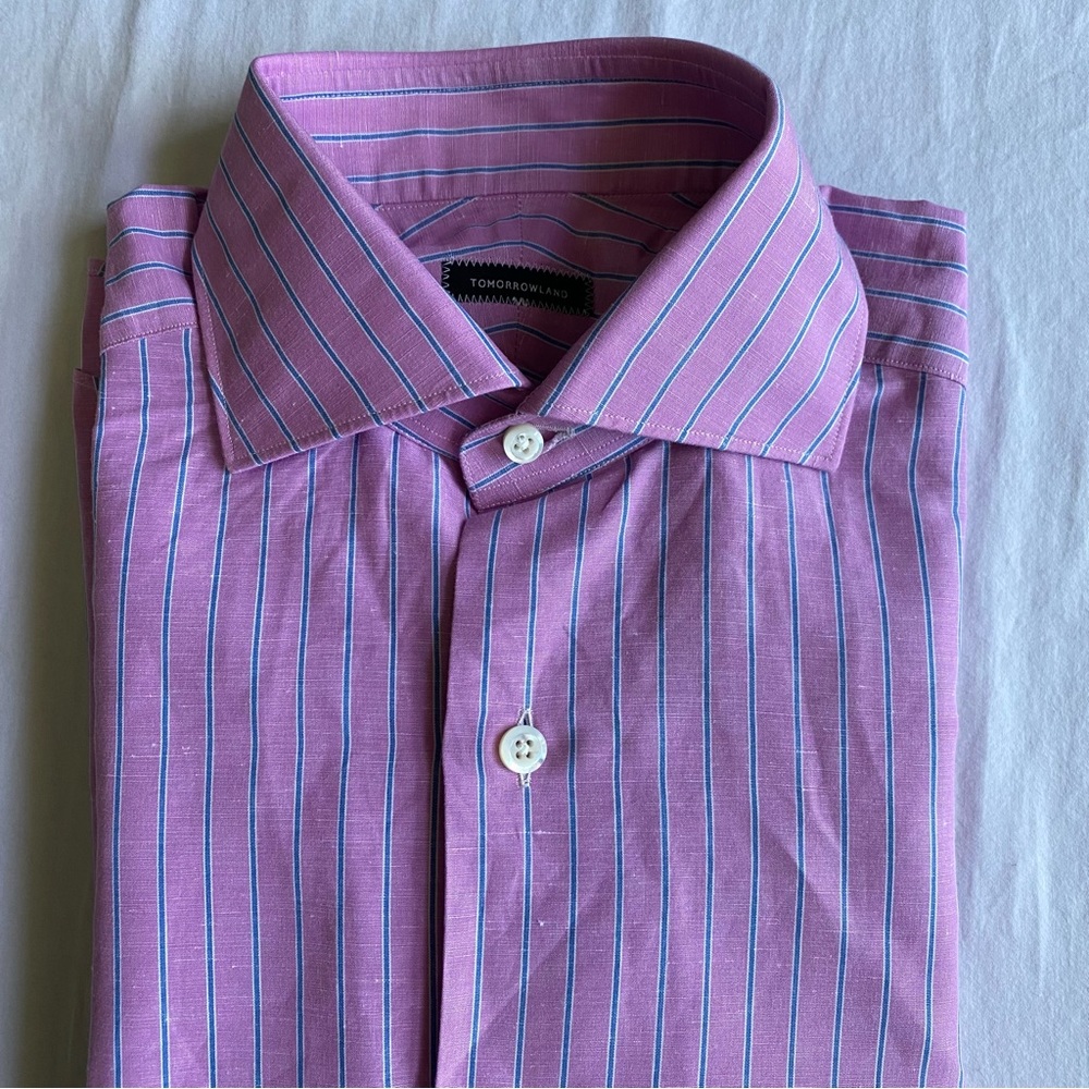 Tomorrowland men's pink/blue stripe cotton/linen dress shirt, 14.5 US/37 EU